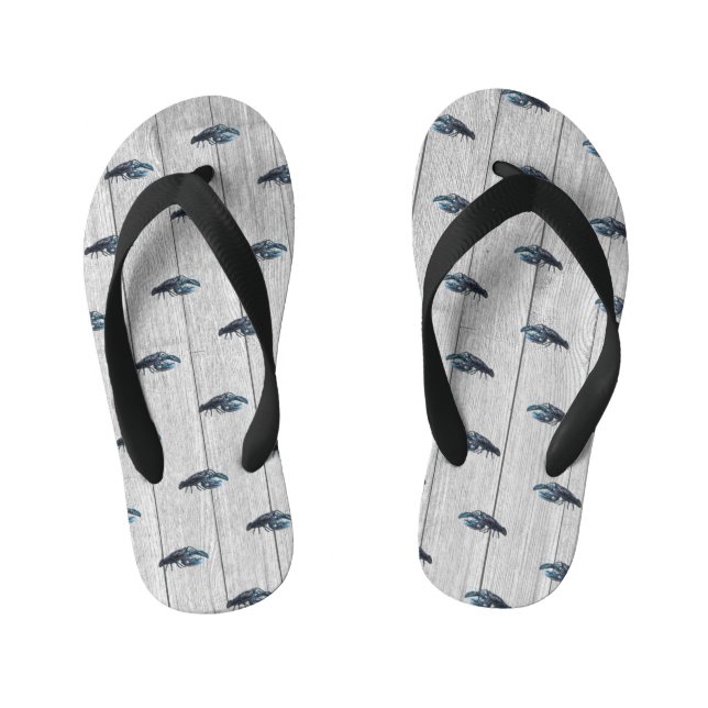Custom Rustic Nautical Blue Lobster Grey Wood Case Kid's Flip Flops (Footbed)