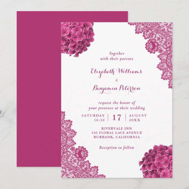 Custom Rustic Pink Hydrangea Floral Lace Wedding Invitation (Front/Back)