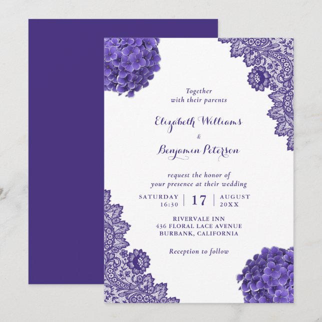 Custom Rustic Purple Hydrangea Floral Lace Wedding Invitation (Front/Back)