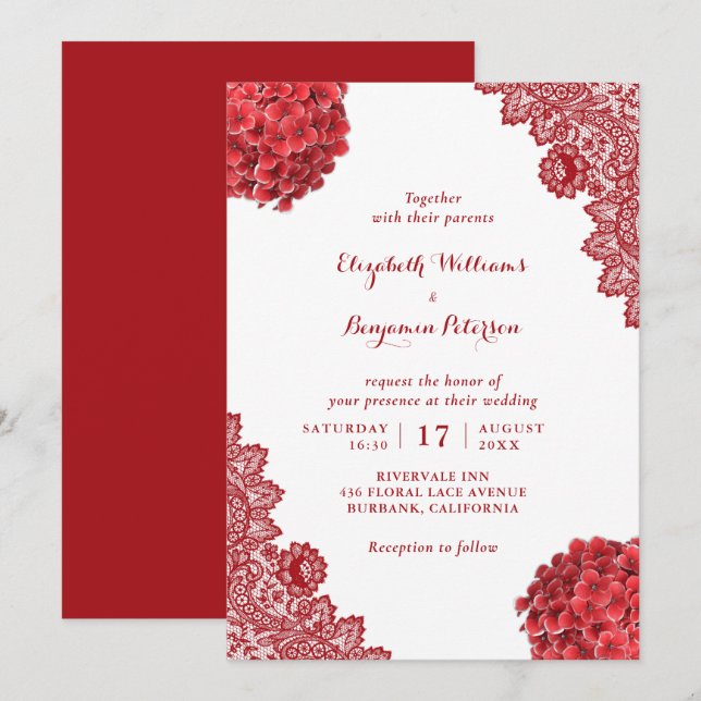 Custom Rustic Red Hydrangea Floral Lace Wedding Invitation (Front/Back)