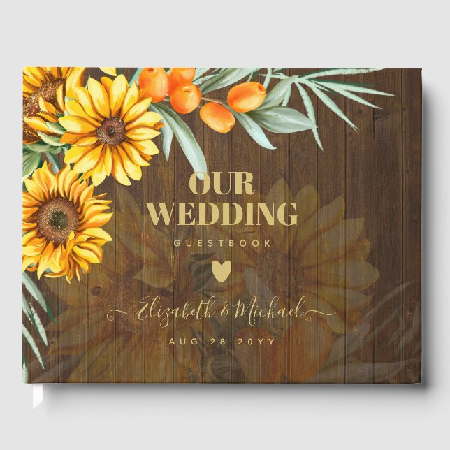 Custom Rustic Sunflowers Pampas Grass Wedding Guest Book (Front)