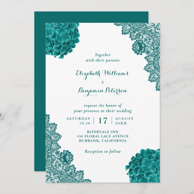 Custom Rustic Teal Hydrangea Floral Lace Wedding Invitation (Front/Back)