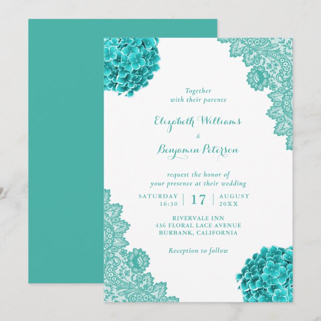 Custom Rustic Turquoise Hydrangea Lace Wedding Invitation (Front/Back)