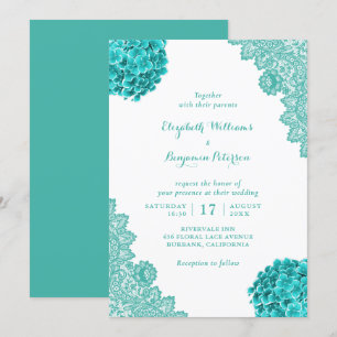 Custom Rustic Turquoise Hydrangea Lace Wedding Invitation