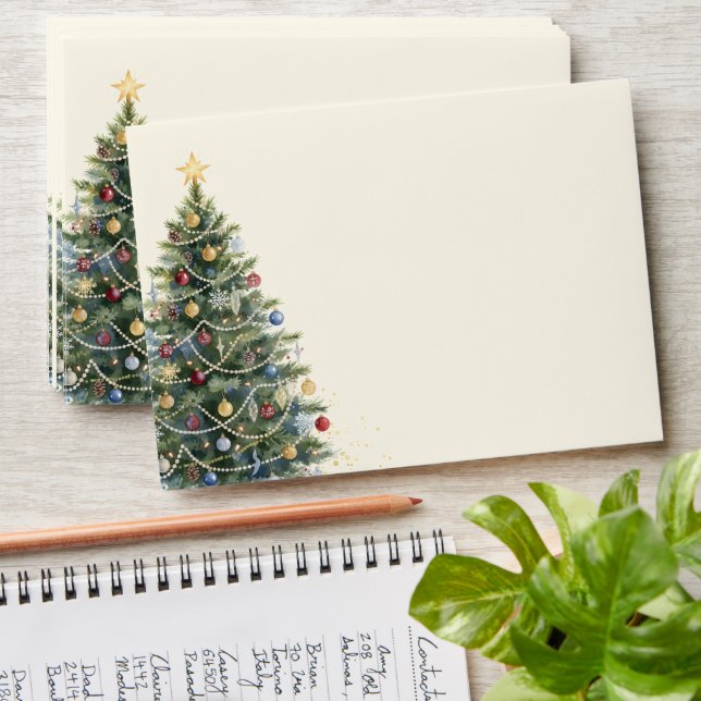 Custom Rustic Watercolor Christmas Tree Holidays Envelope (Stacked)
