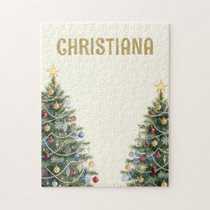 Custom Rustic Watercolor Christmas Tree Holidays Jigsaw Puzzle