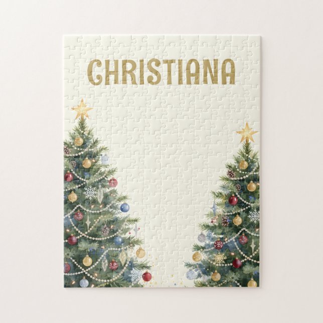 Custom Rustic Watercolor Christmas Tree Holidays Jigsaw Puzzle (Vertical)