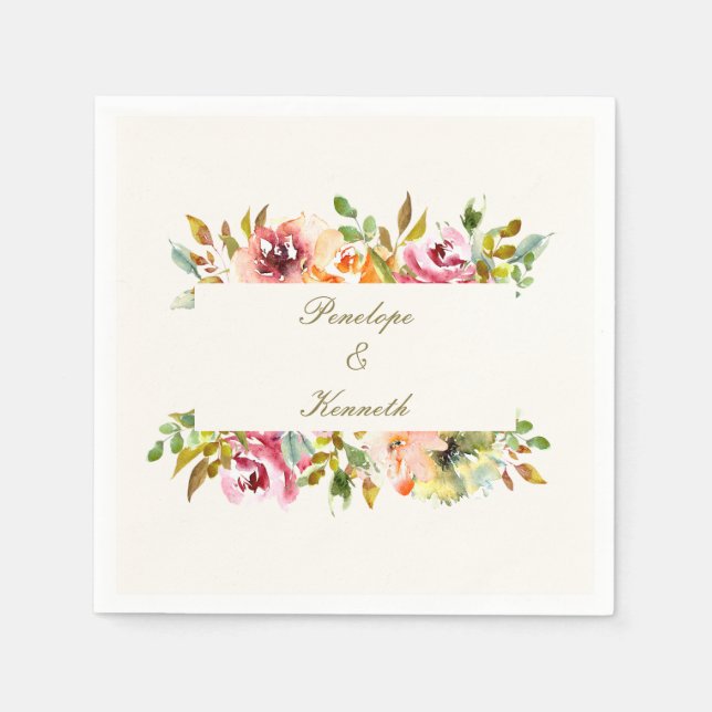 Custom Rustic Watercolor Floral Wedding  Napkin (Front)