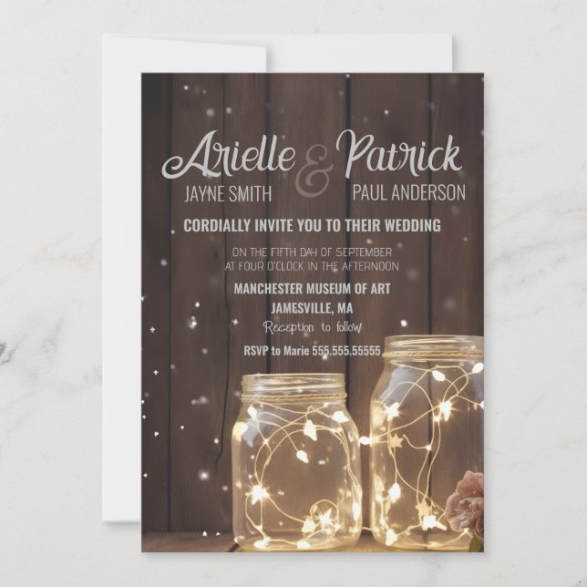 Custom Rustic Wedding Wood Barn Lighting Mason Jar Invitation (Front)