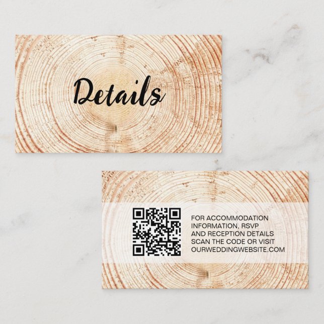 Custom Rustic Wedding Wood Grain Details QR code  Enclosure Card (Front/Back)