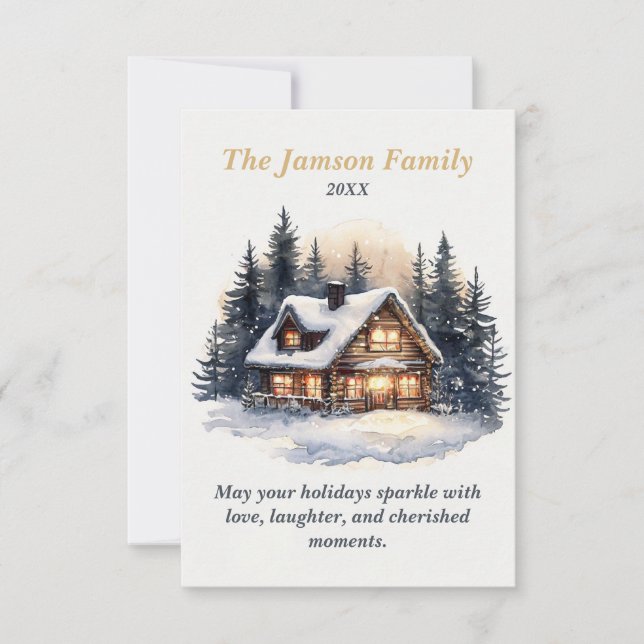 Custom Rustic Winter Cabin Holiday Card (Front)