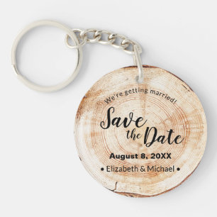 Custom Rustic Wood Cut Disc Wedding Save the Date  Key Ring