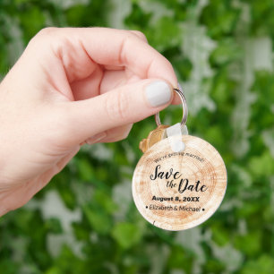 Custom Rustic Wood Cut Disc Wedding Save the Date Key Ring