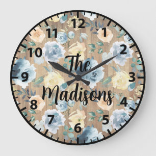 Custom Rustic Wood Flowers Blue Cream Large Clock