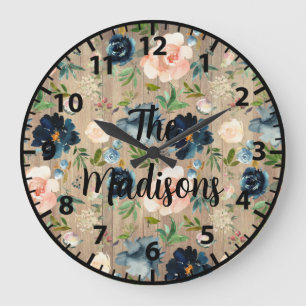 Custom Rustic Wood Flowers Elegant Navy Blue Pink Large Clock