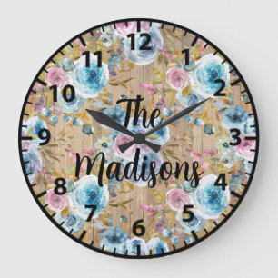 Custom Rustic Wood Flowers Ice Blue Pink Roses Large Clock