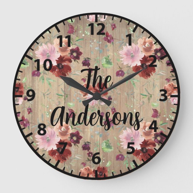 Custom Rustic Wood Flowers Pink and Purple Roses L Large Clock (Front)