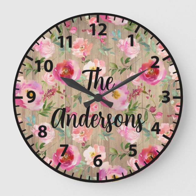 Custom Rustic Wood Flowers Pink and Purple Roses Large Clock (Front)