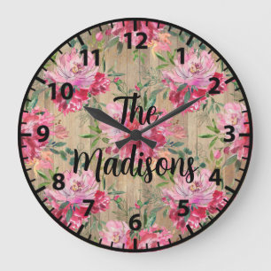 Custom Rustic Wood Flowers Pink Magnolias Large Clock