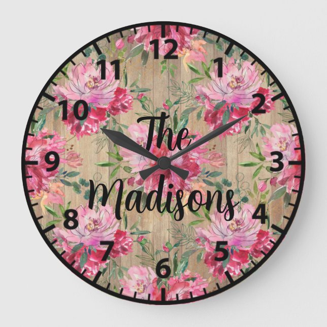 Custom Rustic Wood Flowers Pink Magnolias Large Clock (Front)