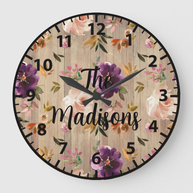 Custom Rustic Wood Flowers Purple Pink Roses Large Clock (Front)