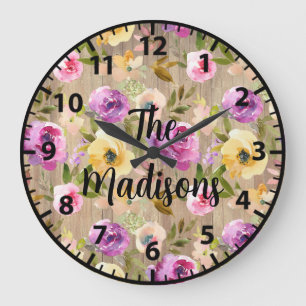 Custom Rustic Wood Flowers Spring Colours Large Clock