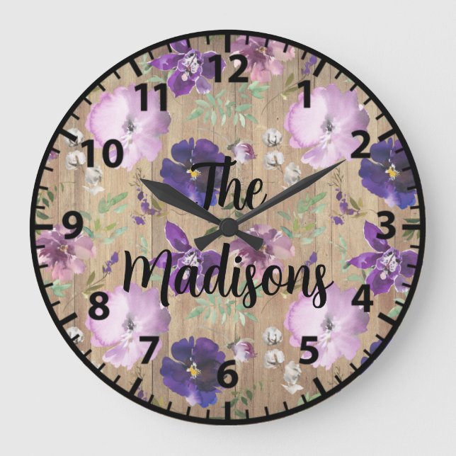 Custom Rustic Wood Flowers Unique Elegant Purple Large Clock (Front)