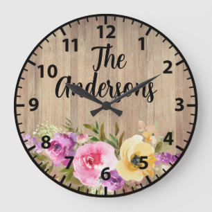 Custom Rustic Wood Pink Purple Yellow Roses  Large Large Clock
