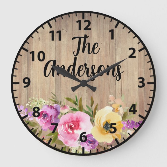 Custom Rustic Wood Pink Purple Yellow Roses  Large Large Clock (Front)