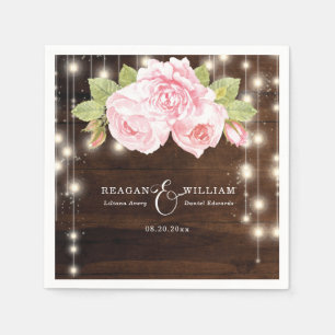 Custom Rustic Wood String Lights Roses Wedding Napkin