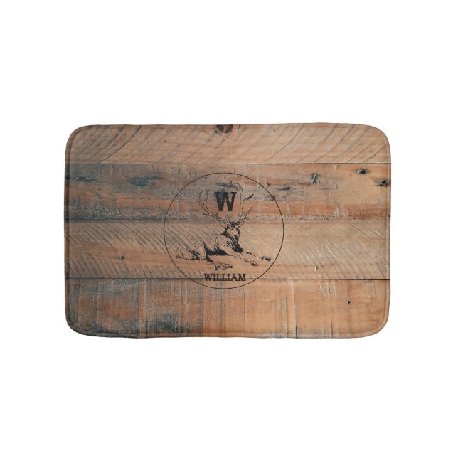 Custom Rustic Wood Texture & Deer Monogram Bath Mat (Front)