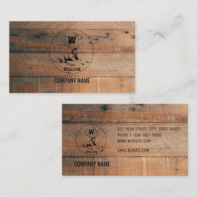 Custom Rustic Wood Texture & Deer Monogram Business Card (Front/Back)