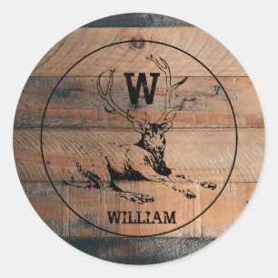 Custom Rustic Wood Texture & Deer Monogram Classic Round Sticker