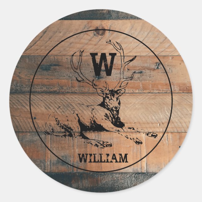 Custom Rustic Wood Texture & Deer Monogram Classic Round Sticker (Front)