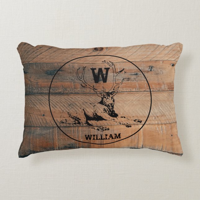 Custom Rustic Wood Texture & Deer Monogram Decorative Cushion (Front)
