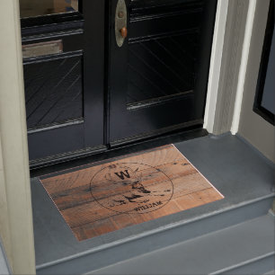 Custom Rustic Wood Texture & Deer Monogram Doormat