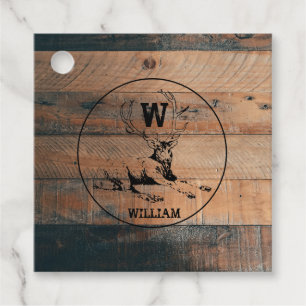 Custom Rustic Wood Texture & Deer Monogram Favour Tags