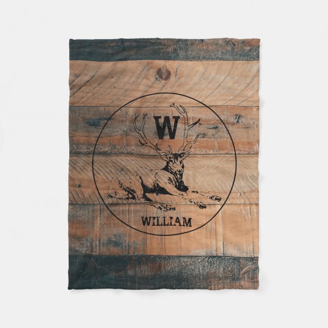 Custom Rustic Wood Texture & Deer Monogram Fleece Blanket (Front)