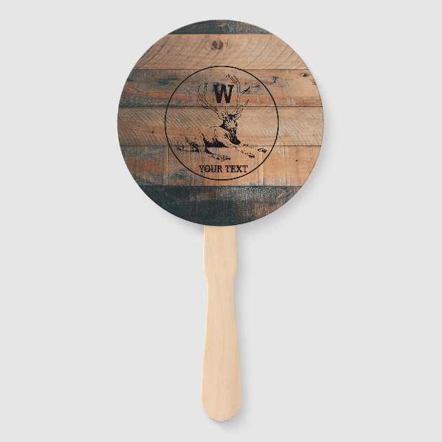 Custom Rustic Wood Texture & Deer Monogram Hand Fan (Front)