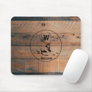 Custom Rustic Wood Texture & Deer Monogram Mouse Mat