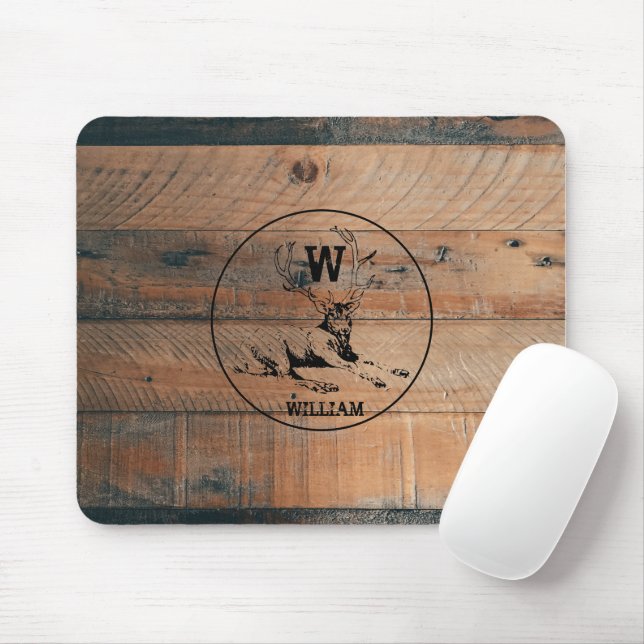 Custom Rustic Wood Texture & Deer Monogram Mouse Mat (With Mouse)
