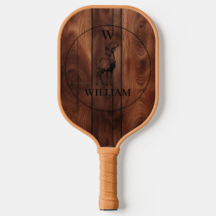 Custom Rustic Wood Texture & Deer Monogram Pickleball Paddle