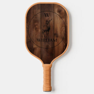Custom Rustic Wood Texture & Deer Monogram Pickleball Paddle