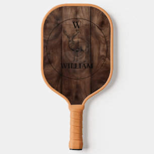 Custom Rustic Wood Texture & Deer Monogram Pickleball Paddle