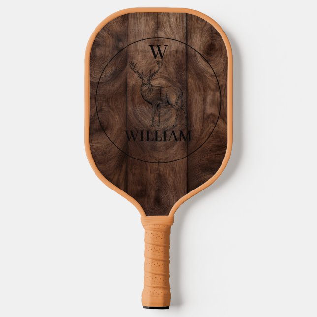 Custom Rustic Wood Texture & Deer Monogram Pickleball Paddle (Back)