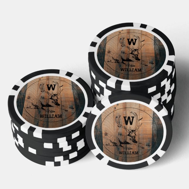 Custom Rustic Wood Texture & Deer Monogram Poker Chips (Stack)