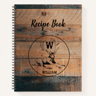 Custom Rustic Wood Texture & Deer Monogram Recipe Notebook