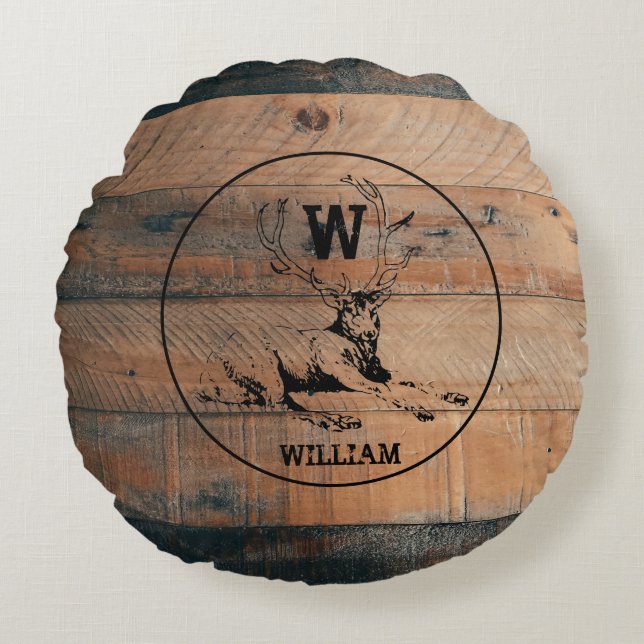 Custom Rustic Wood Texture & Deer Monogram Round Cushion (Front)