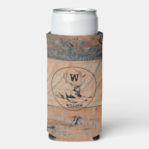 Custom Rustic Wood Texture & Deer Monogram   Seltzer Can Cooler