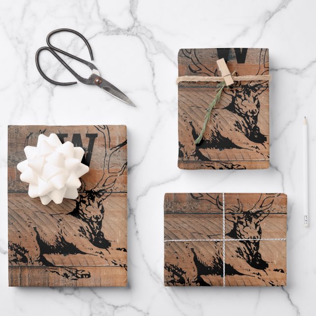 Custom Rustic Wood Texture & Deer Monogram Wrapping Paper Sheet (Front)